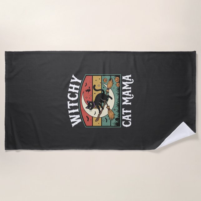 Halloween Cat Witch Mama Beach Towel (Front)