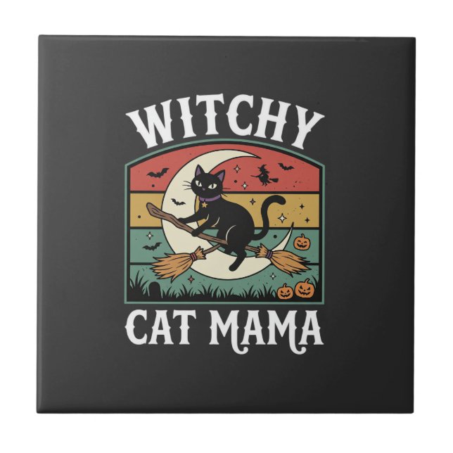 Halloween Cat Witch Mama Tile (Front)