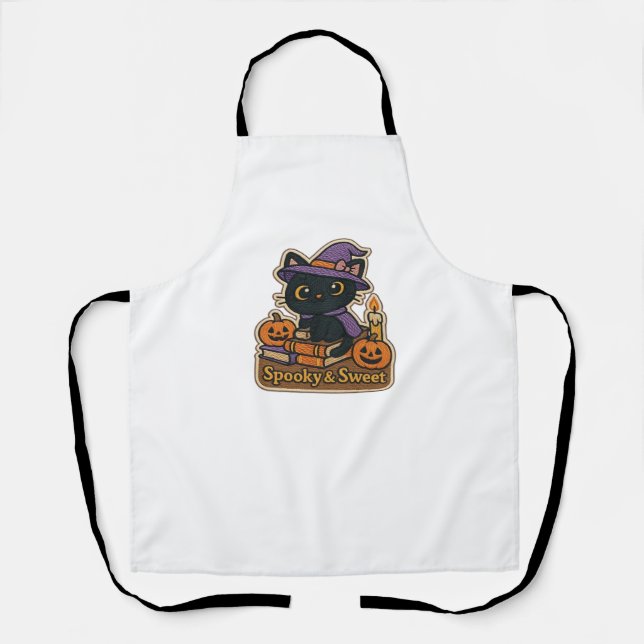 Halloween Cat with Magic Books – Spooky & Sweet Em Apron (Front)
