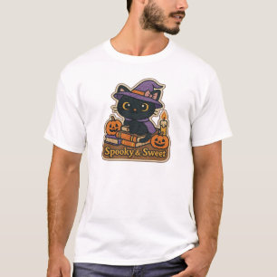 Halloween Cat with Magic Books Spooky & Sweet Emb T-Shirt