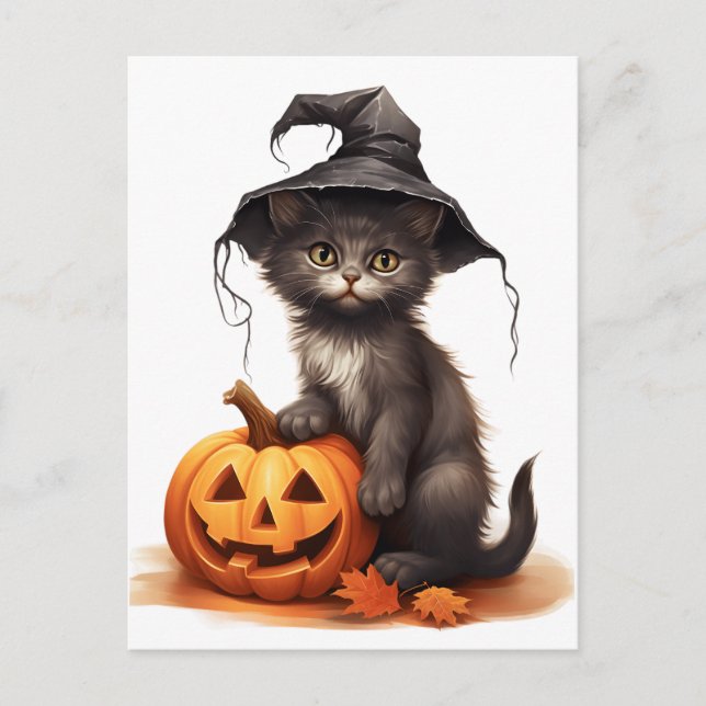 Halloween cat with pumpkins holiday postcard (Front)