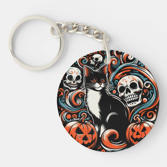 Halloween Cat with Pumpkins Key Ring (Front)