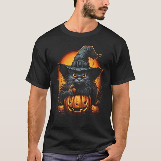 Halloween Cat With Witch Hat Pumpkin T-Shirt (Front)