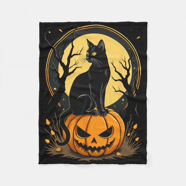 Halloween Cat Womens Funny Fall Pumpkin Cat Lover  Fleece Blanket (Front)