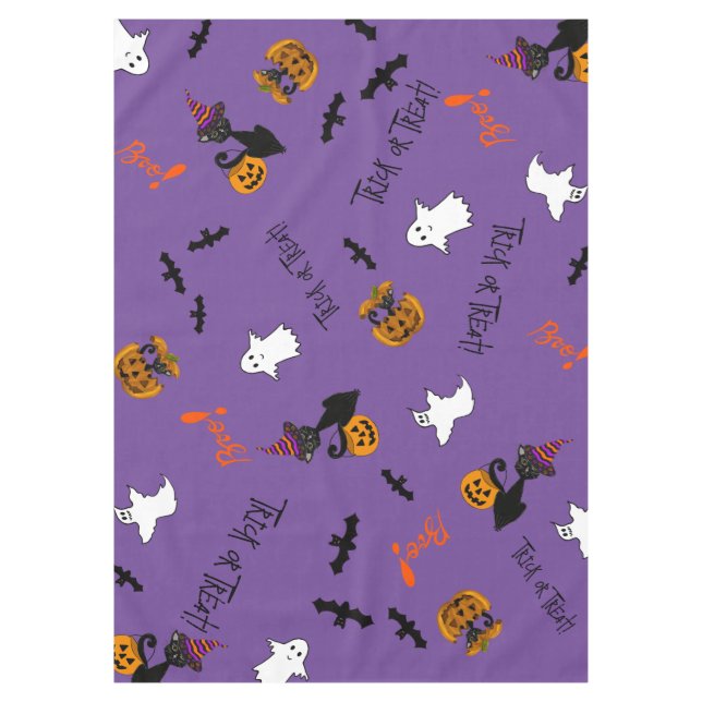 Halloween Cats, Bats and Ghosts Cotton Tablecloth (Front)