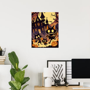 Halloween Cats by the Haunted House Poster