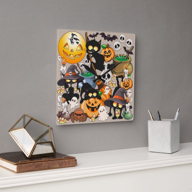 Halloween Cats Funny Party Square Wall Clock (Office)