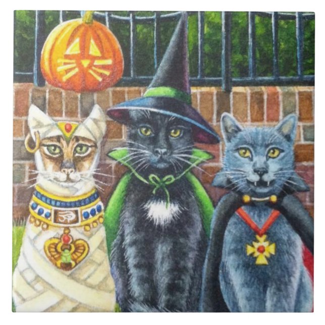 Halloween Cats in Costume Watercolor Art  Tile (Front)