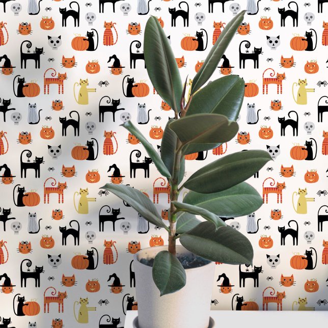 Halloween Cats Pattern Wallpaper (Fun Halloween black and orange cats, pumpkins, witches, zombies and skulls peel and stick wallpaper)