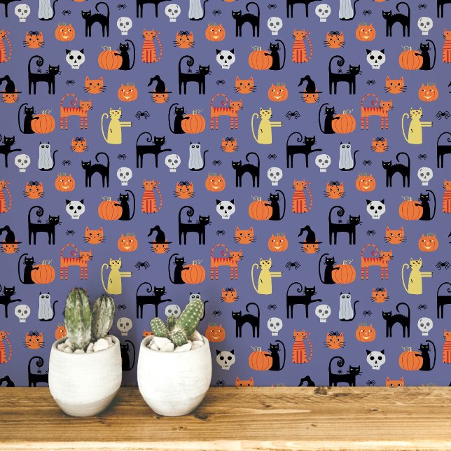 Halloween Cats Pattern Wallpaper (Fun Halloween black and orange cats, pumpkins, witches, zombies and skulls peel and stick wallpaper)
