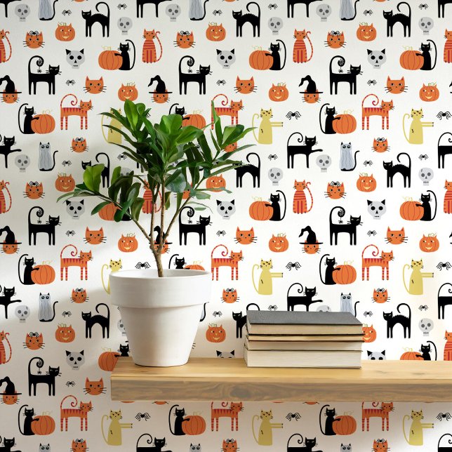 Halloween Cats Pattern Wallpaper (Fun Halloween black and orange cats, pumpkins, witches, zombies and skulls peel and stick wallpaper)