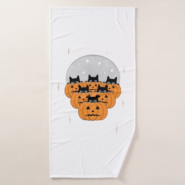 Halloween  Cats  Pumpkins  Black Background  Illus Bath Towel (Bath Towel)