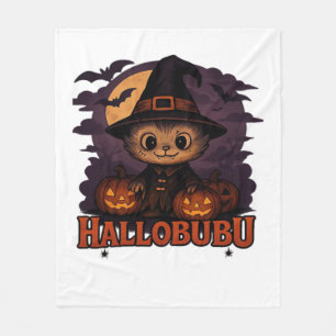 Halloween Cats Pumpkins Black Background Illus Fleece Blanket