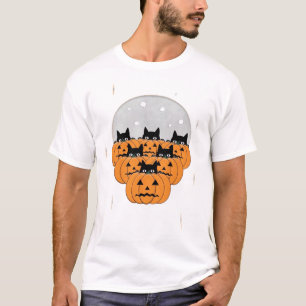 Halloween Cats Pumpkins Black Background Illus T-Shirt