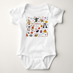 Halloween Cats Vintage Line Pattern Baby Bodysuit