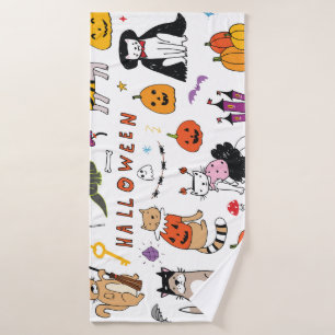 Halloween Cats Vintage Line Pattern Bath Towel