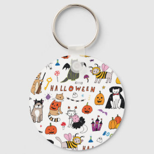 Halloween Cats Vintage Line Pattern Key Ring