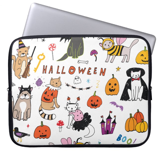 Halloween Cats Vintage Line Pattern Laptop Sleeve (Front)