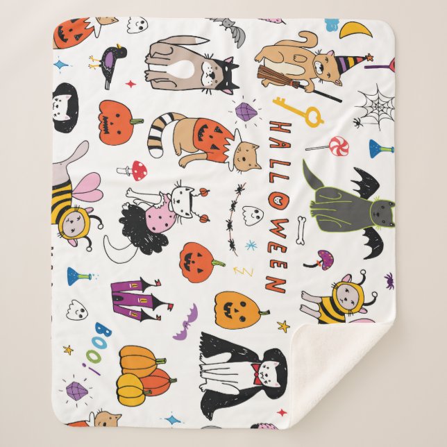 Halloween Cats Vintage Line Pattern Sherpa Blanket (Front)