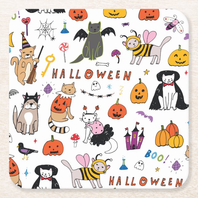 Halloween Cats Vintage Line Pattern Square Paper Coaster (Front)