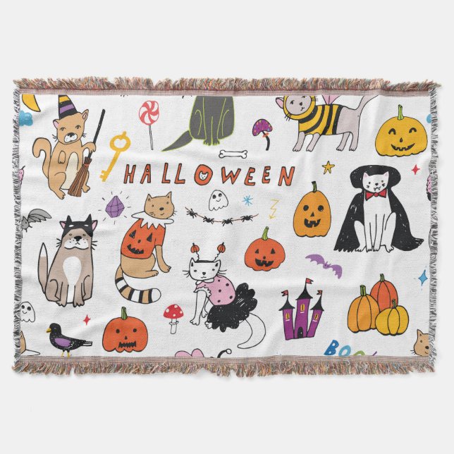 Halloween Cats Vintage Line Pattern Throw Blanket (Front)