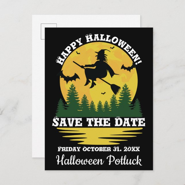 Halloween Caution Witch Crossing Flying Broomstick Announcement Postcard (Front/Back)