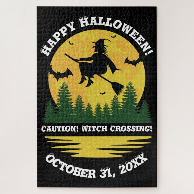 Halloween Caution Witch Crossing Flying Broomstick Jigsaw Puzzle (Vertical)