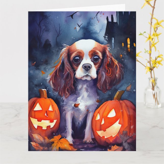 Halloween Cavalier King Charles Spaniel Pumpkins Card (Yellow Flower)