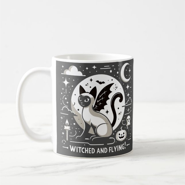 Halloween Charm: Siamese Cat in Whimsical Flight Coffee Mug (Left)