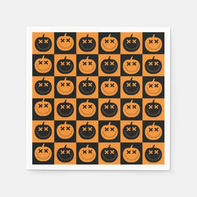 Halloween Checkers Pattern with Pumpkins Napkin (Front)