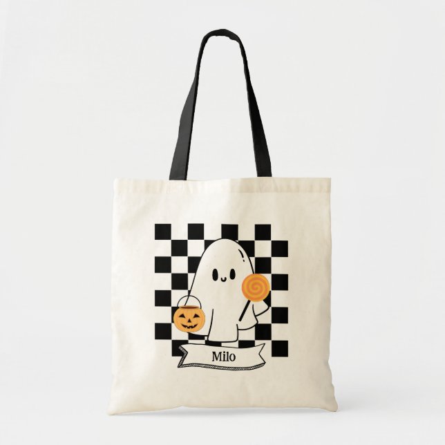 Halloween Chequered Ghost Kids Candy Tote Bag (Front)