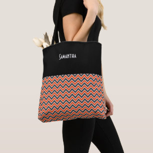 Halloween Chevron Bold Orange Black White Name Tote Bag