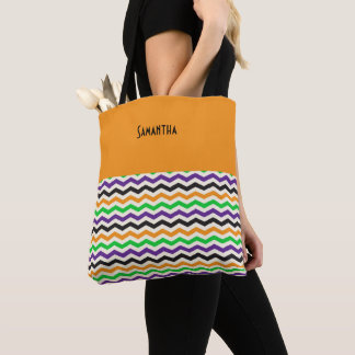 Halloween Chevron Green Purple Black Orange Name Tote Bag