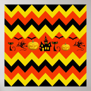 Halloween Chevron Haunted House Black Cat Pattern Poster
