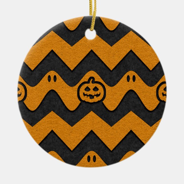 Halloween Chevron Pattern with Ghosts and Pumpkins Ceramic Tree Decoration (Front)
