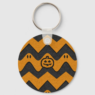 Halloween Chevron Pattern with Ghosts and Pumpkins Key Ring