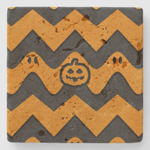 Halloween Chevron Pattern with Ghosts and Pumpkins Stone Coaster