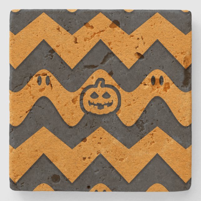 Halloween Chevron Pattern with Ghosts and Pumpkins Stone Coaster (Front)