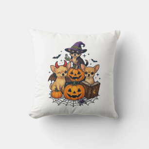 Halloween Chihuahua Dogs Pumpkins Witch Hat Spell  Cushion
