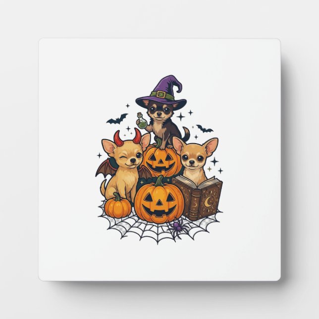 Halloween Chihuahua Dogs Pumpkins Witch Hat Spell  Plaque (Front)