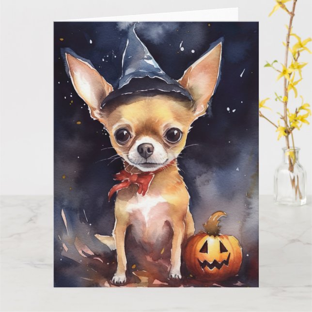 Halloween chihuahua With Pumpkins Scary Card (Yellow Flower)