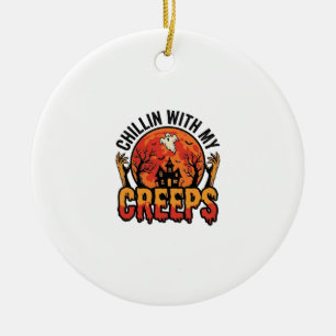 Halloween Chillin With My Creeps Vintage T-Shirt D Ceramic Tree Decoration