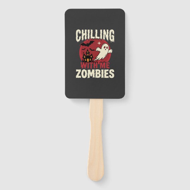Halloween Chilling With Me Zombies Ghost Design Hand Fan (Front)