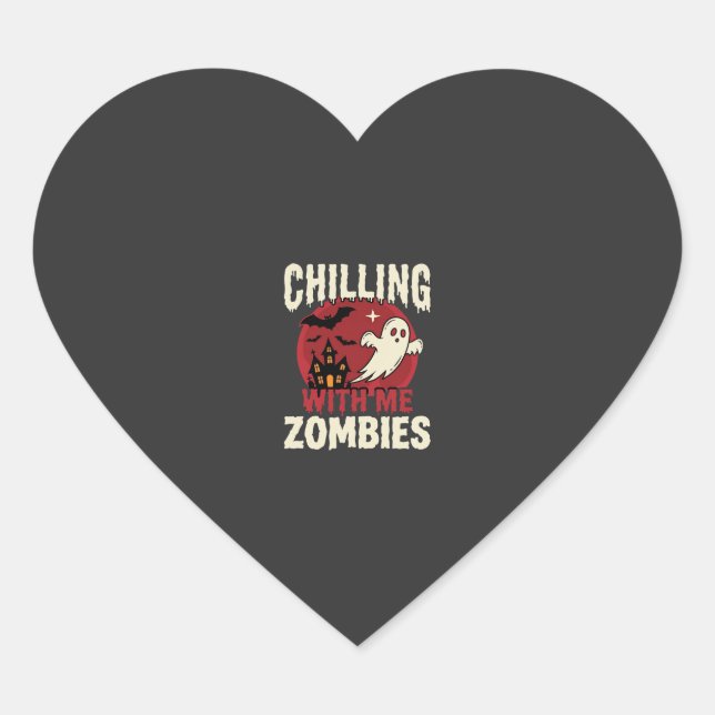 Halloween Chilling With Me Zombies Ghost Design Heart Sticker (Front)
