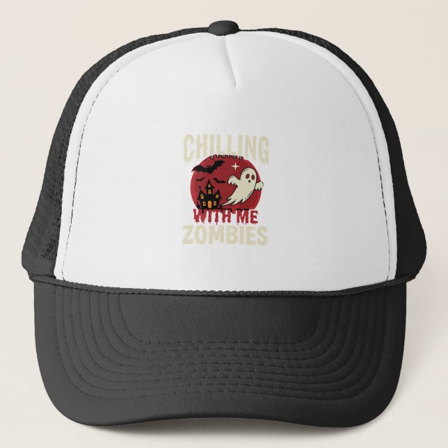 Halloween Chilling With Me Zombies Ghost Design Trucker Hat (Front)
