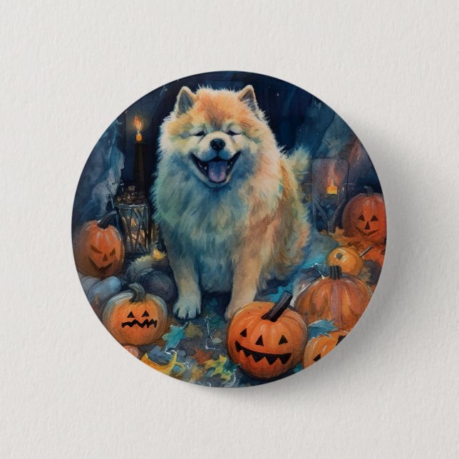 Halloween Chow Chow With Pumpkins Scary  6 Cm Round Badge (Front)