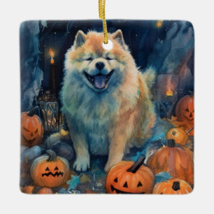 Halloween Chow Chow With Pumpkins Scary  Ceramic Ornament