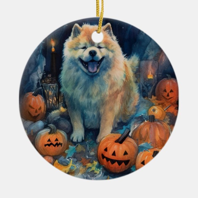 Halloween Chow Chow With Pumpkins Scary  Ceramic Tree Decoration (Front)