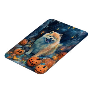 Halloween Chow Chow With Pumpkins Scary Magnet