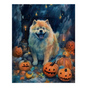 Halloween Chow Chow With Pumpkins Scary Poster